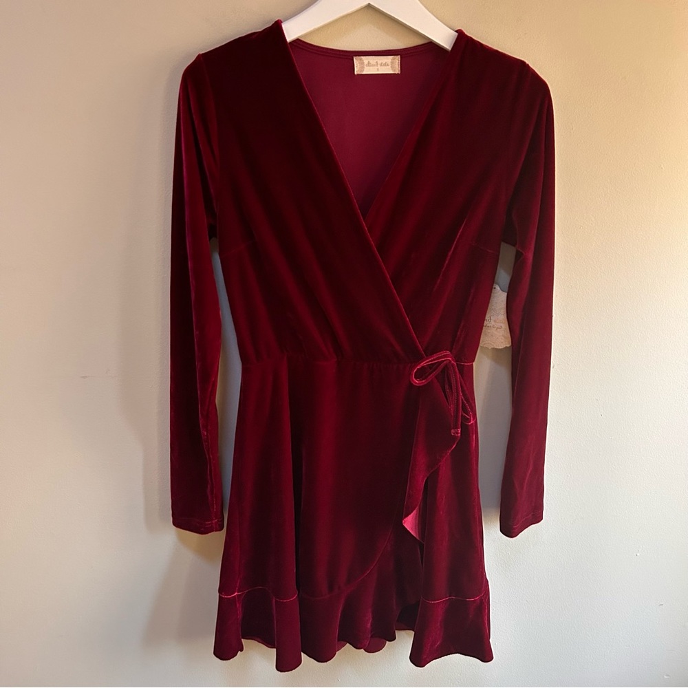 Altar’d State ~ new ~ Garnet Red Velvet Faux Wrap Long Sleeve Ruffle Dress Small